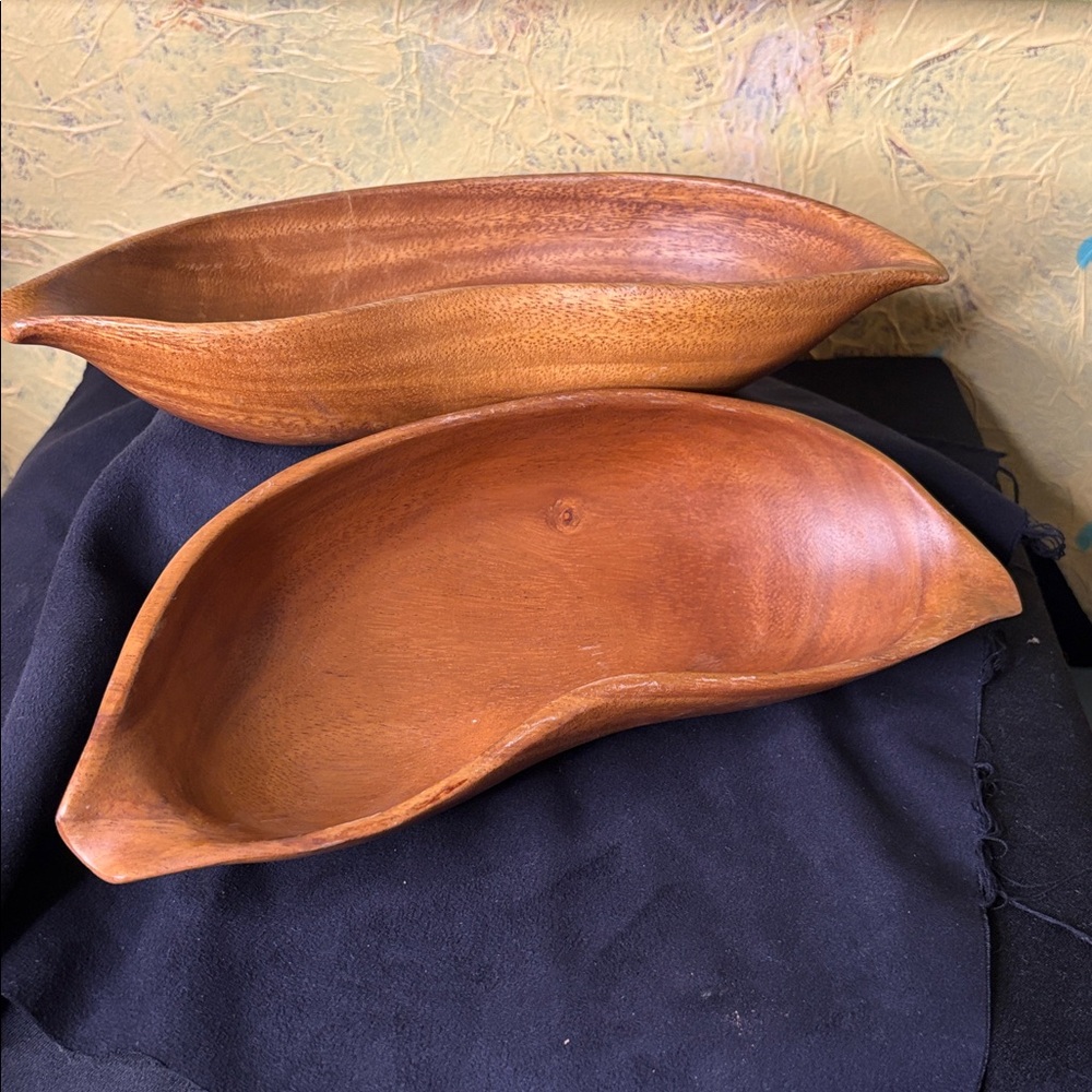 Mid-Century Modern Monkey Pod Leaf Bowls Hand Carved ~ set of 2